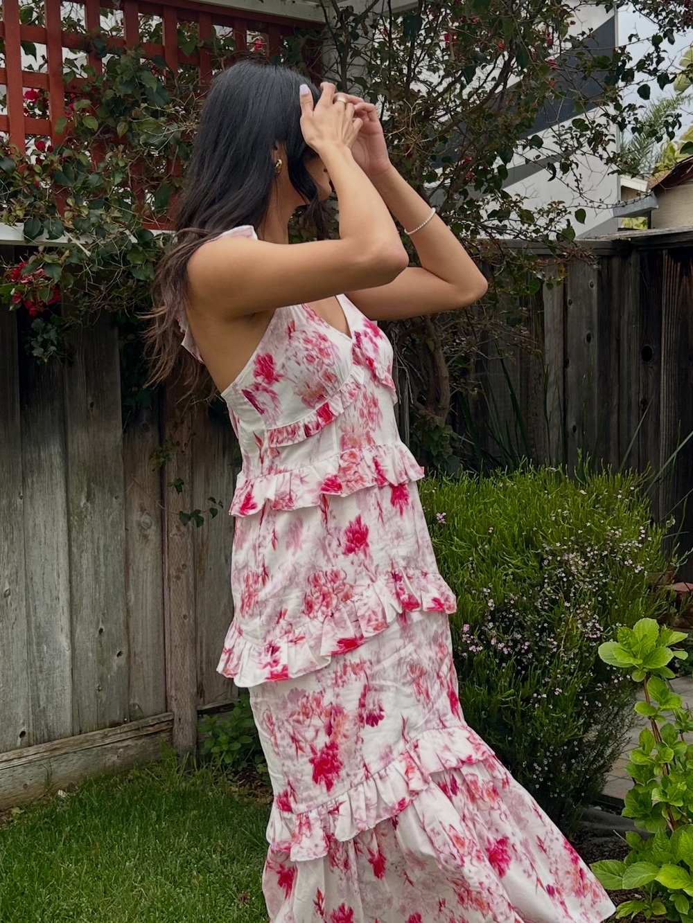 Tiered Pink Floral Maxi Dress